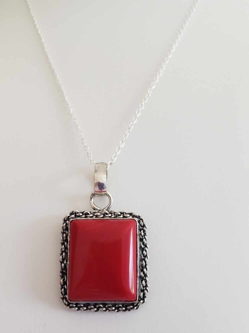NEW Red Coral/Sterling Pendant On Delicate Sterling Silver Stamped 925 Necklace